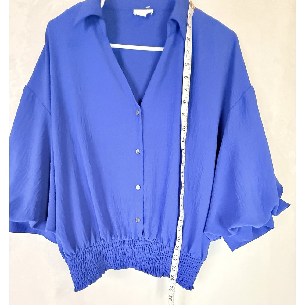 Oddi Cobalt Blue Smocked Hem Blouse M Balloon Sleeve Lightweight Boho Top - Picture 3 of 9